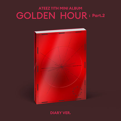 ATEEZ Golden Hour Part.2 album cover featuring vibrant artwork and group members on a colorful background.
